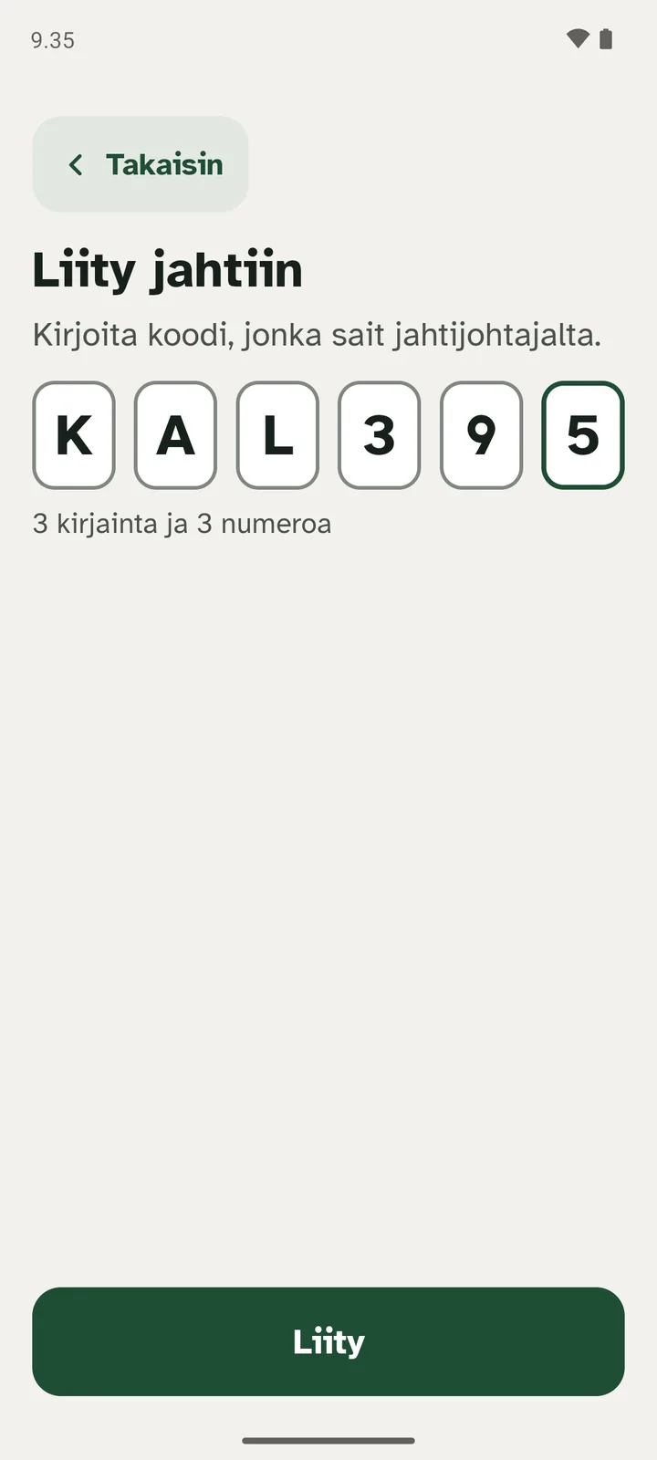 Liity jahtiin -näkymä, jossa jahdin koodi on kirjoitettu.